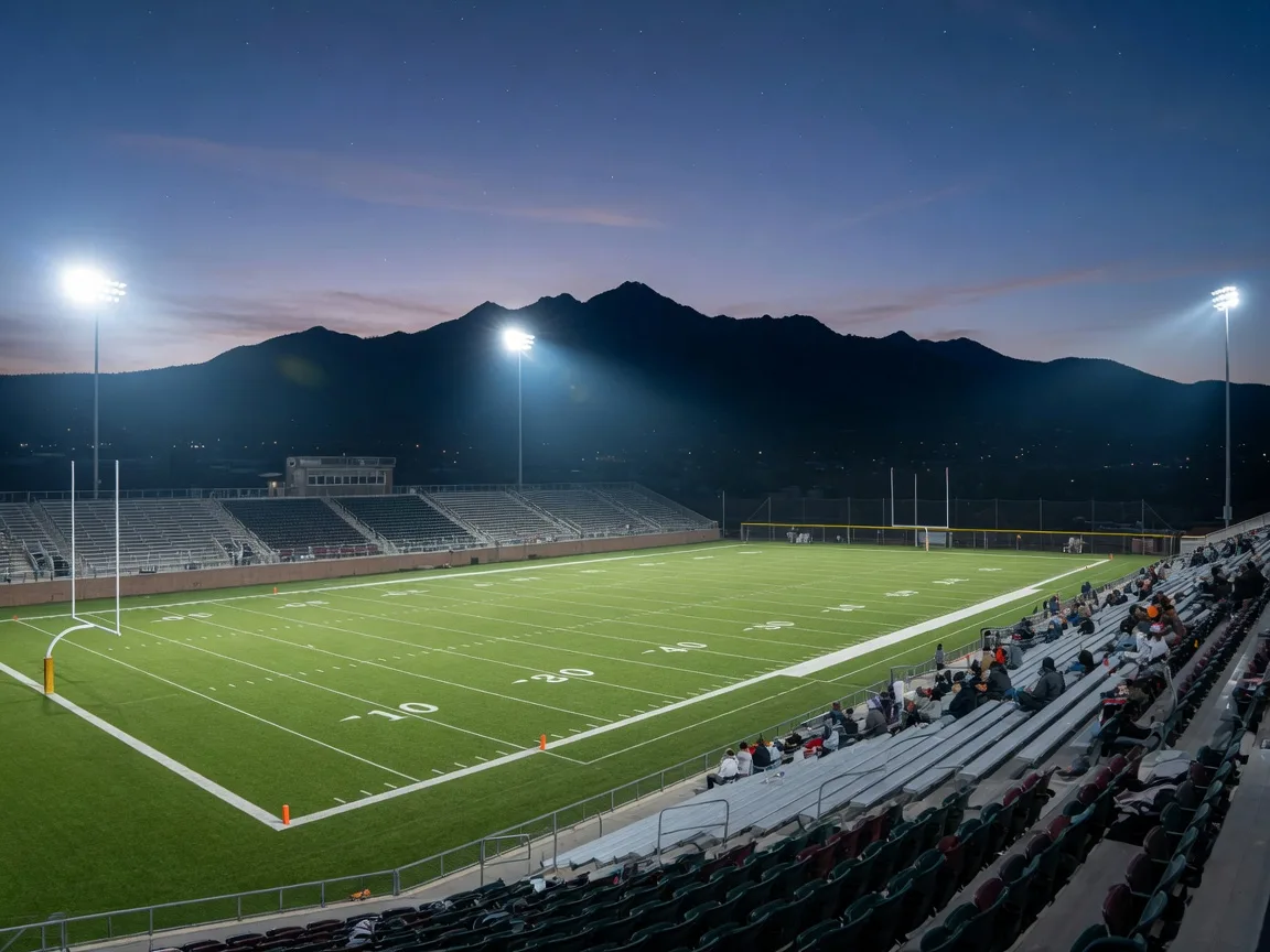 A college football stadium at dusk under floodlights with the San Francisco Peaks on the horizon