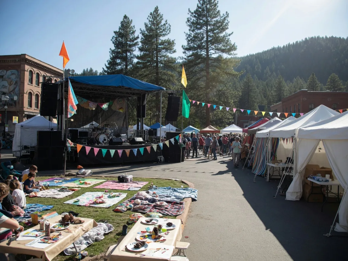 A daytime outdoor music festival stage on a downtown square in a pine forest mountain town