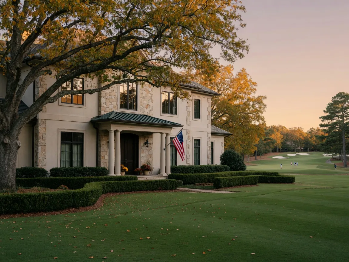 A stately stone and stucco luxury estate in a Georgia golf course community in autumn with an American flag at the entrance