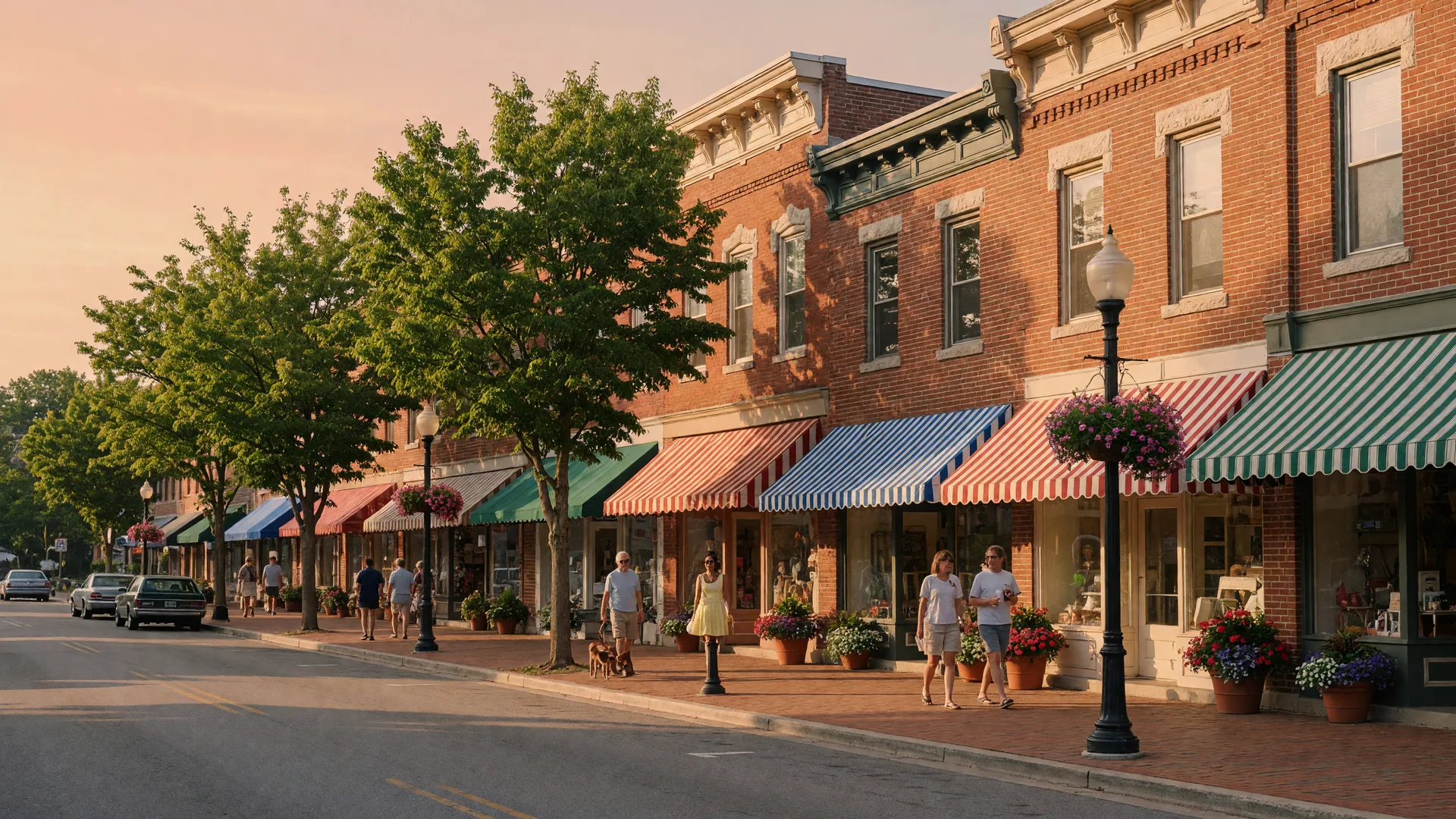 Historic downtown main street with brick storefronts in a Virginia small town