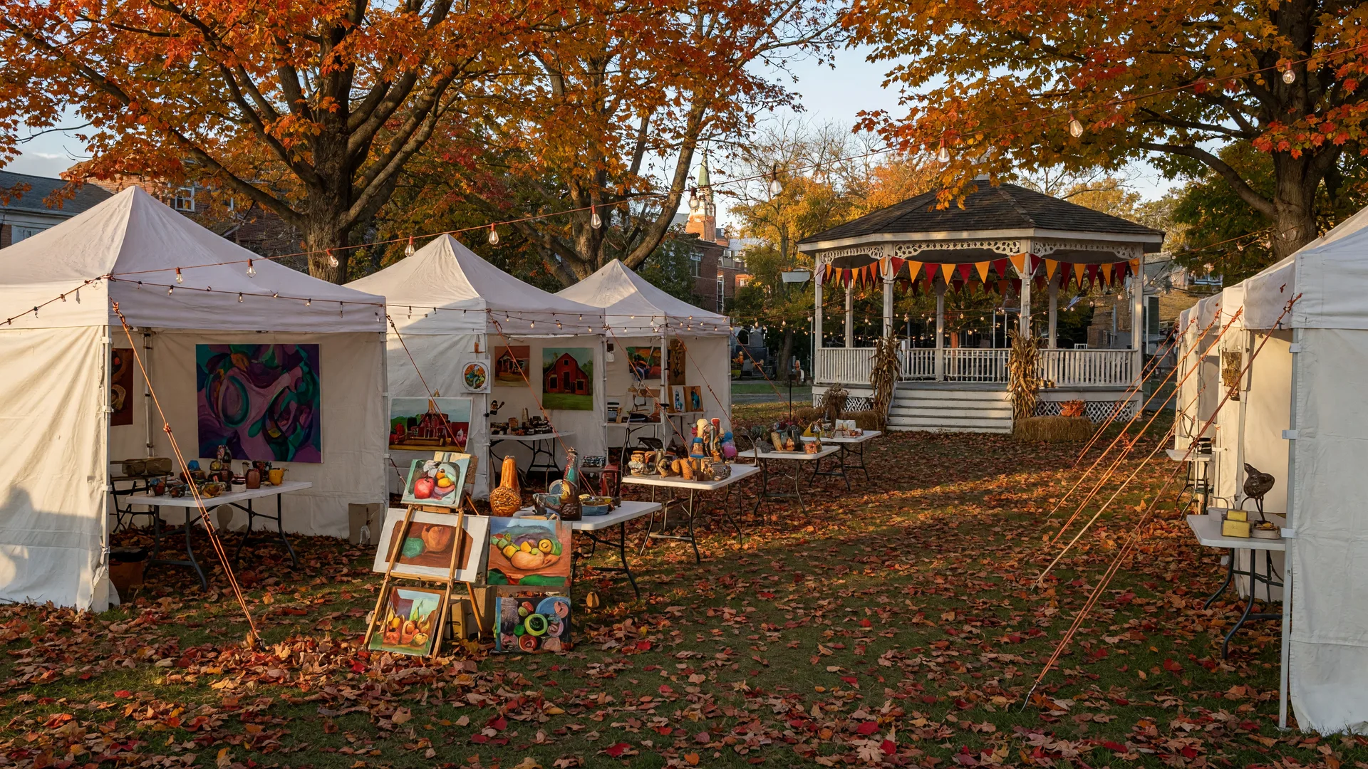 An autumn arts festival setup on the Bloomfield Town Green with white canopy tents, easels holding paintings, sculptures and ceramics on tables, string lights, and fallen maple leaves
