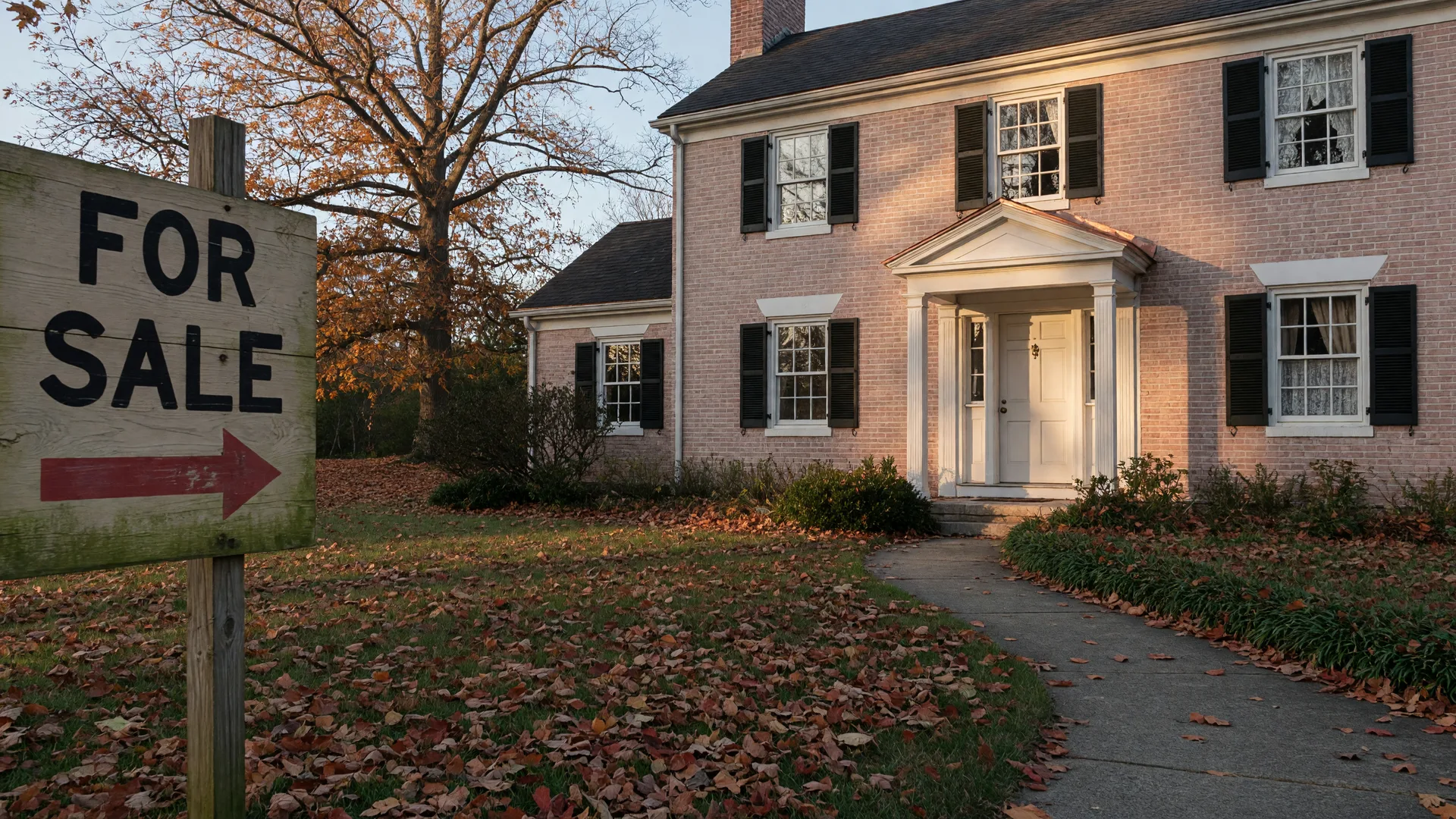 A Maryland colonial-style home with autumn leaves and a For Sale sign, representing an inherited property