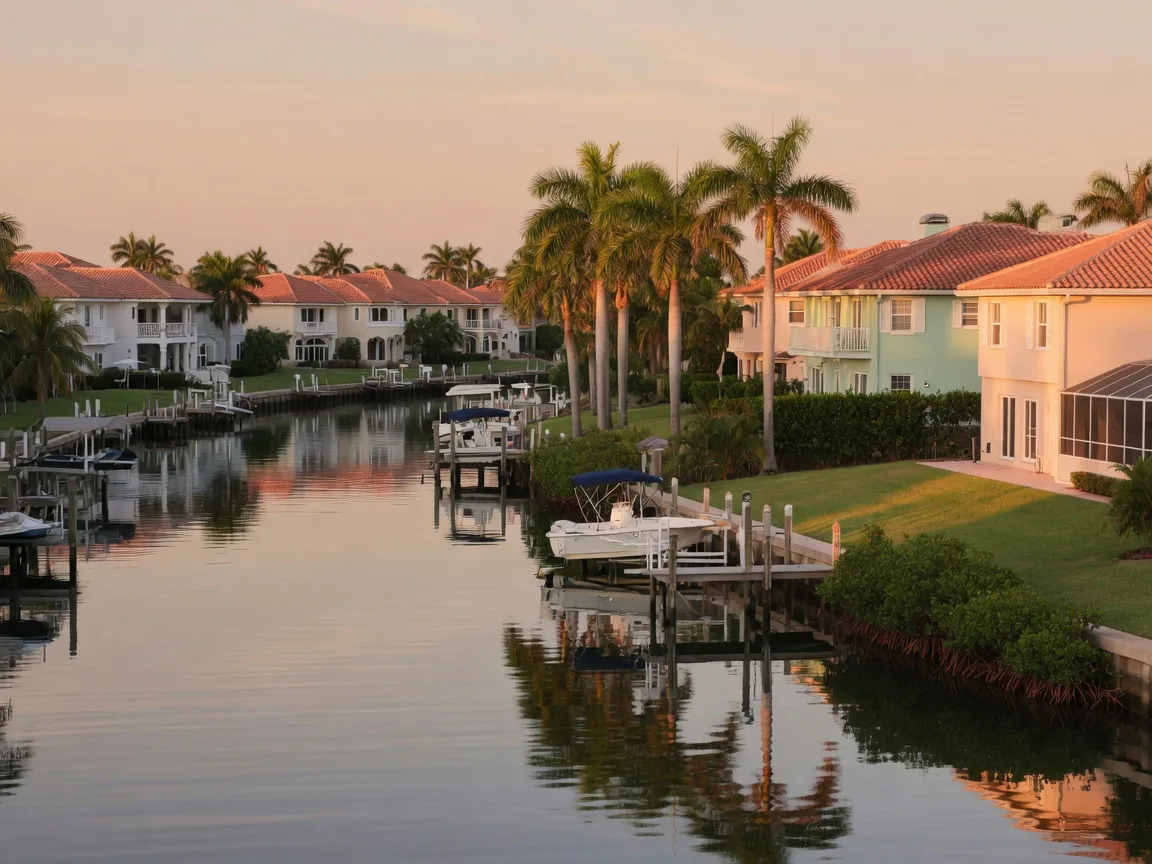 Canal-front homes on Marco Island, Florida with private boat docks and lifts, tile roofs, and royal palms along a calm residential canal at golden hour