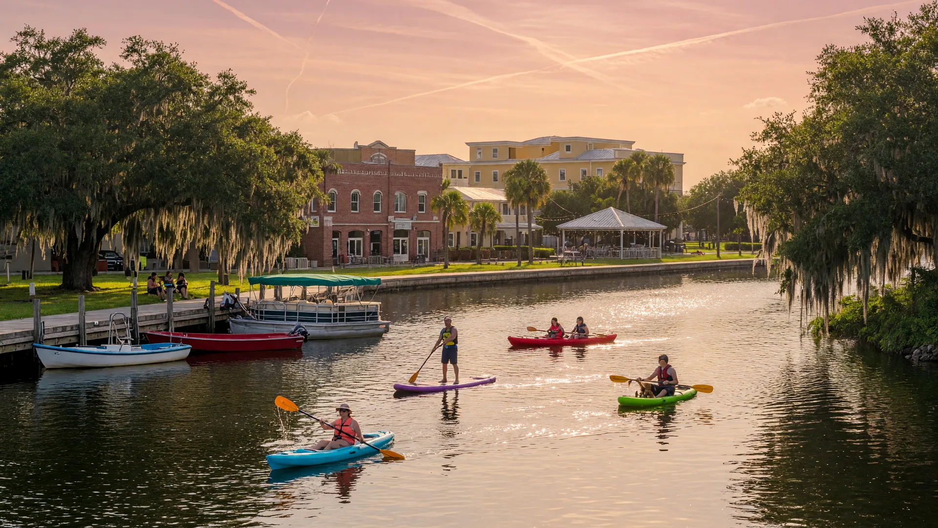 Kayakers and paddleboarders on the calm Cotee River in New Port Richey at golden hour, with the downtown riverfront and Sims Park shoreline behind them