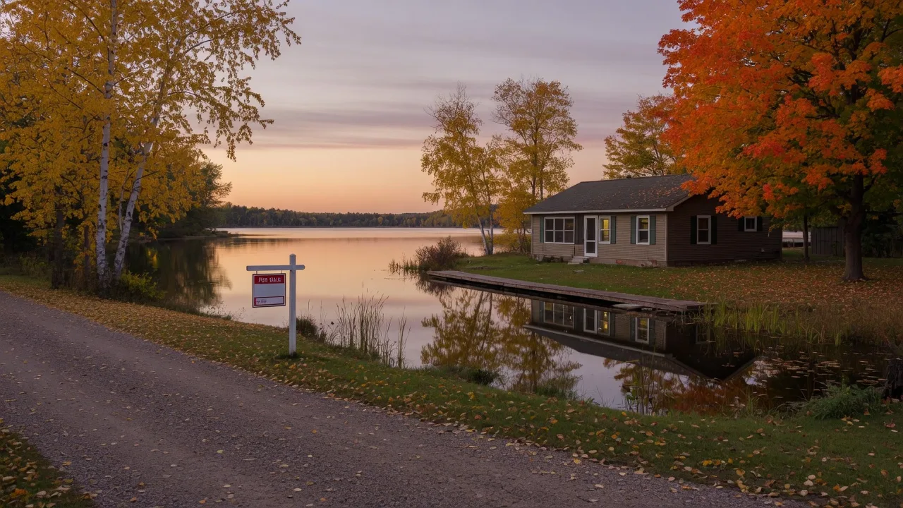 Minnesota lake home for sale in early autumn seen from a gravel drive at dusk with a for-sale sign by a still bay