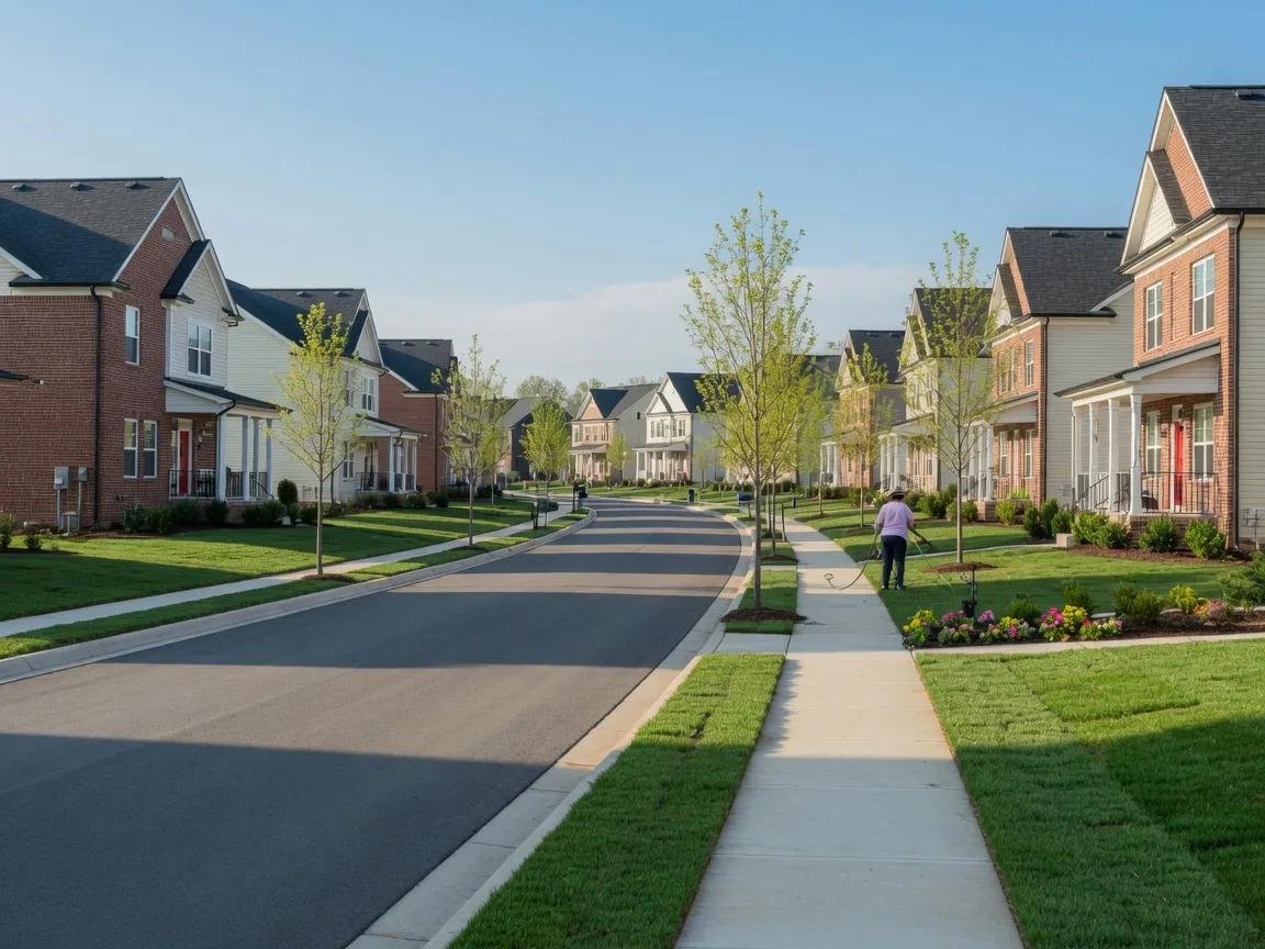A brand-new Southern-style subdivision street with brick and cream siding homes on a sunny spring morning