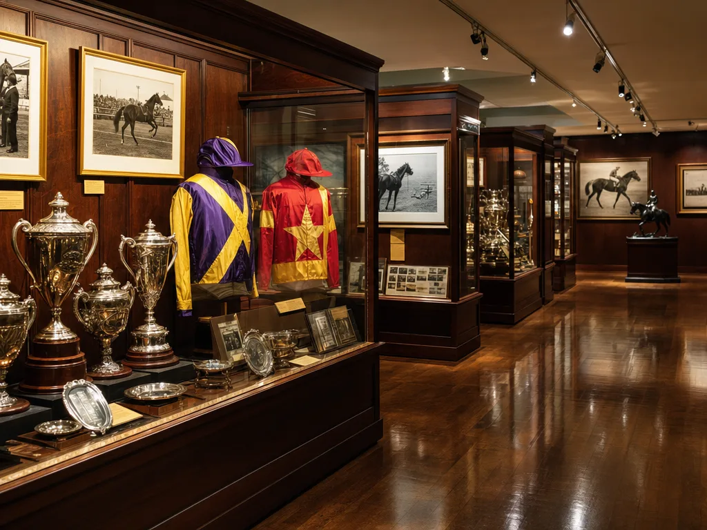 Museum interior with glass display cases featuring silver trophies, racing silks, and historical photographs of champion Thoroughbreds that trained in Aiken