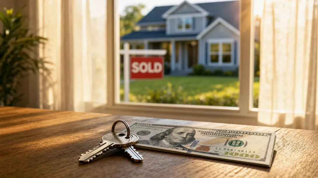 House keys and a one thousand dollar bill on a wooden table in front of a suburban home with a Sold sign
