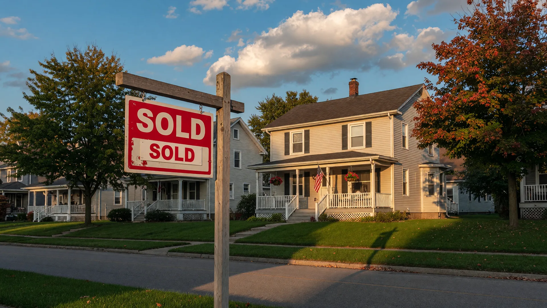 A sold sign in front of a well-maintained home in a quiet Northeast Ohio neighborhood