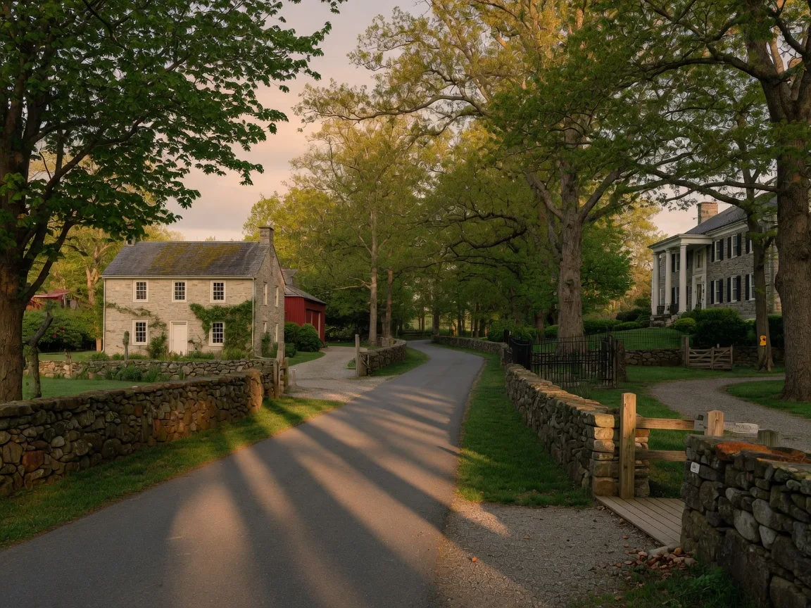 Country lane in Lower Gwynedd, Pennsylvania with stone farmhouses and estate homes behind stone walls