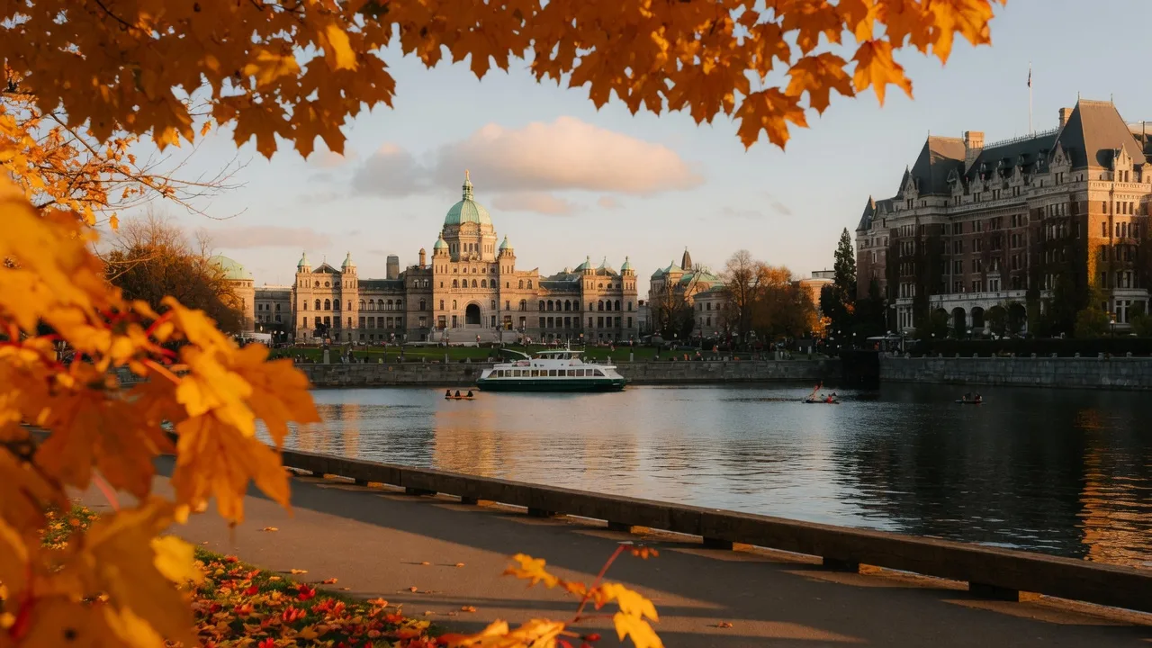 Victoria Inner Harbour on a golden autumn afternoon with the BC Legislature and Empress Hotel