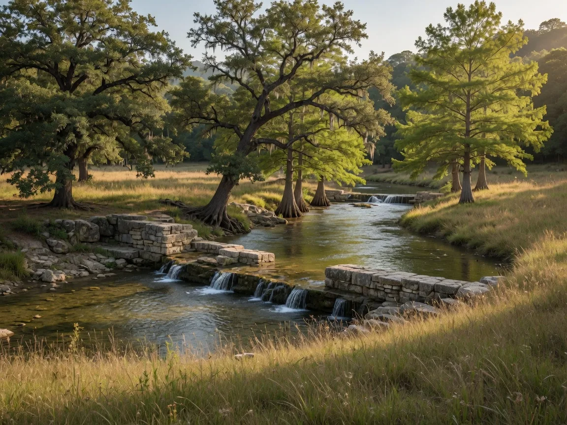 Clear Fork Creek flowing over low limestone check dams built by the Civilian Conservation Corps in Lockhart State Park, Texas, lined with live oaks and bald cypress trees in warm afternoon light