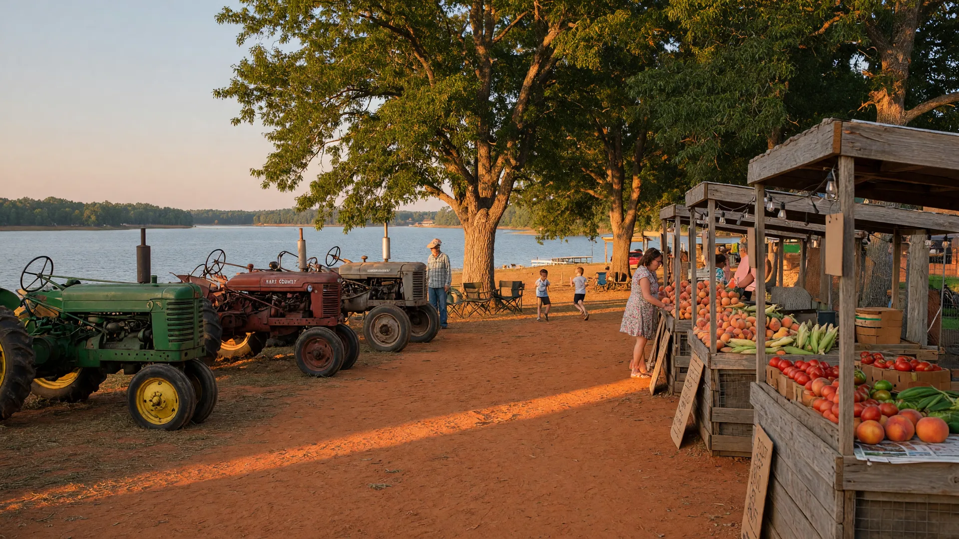 Antique tractors lined up on red clay at a Georgia agricultural fair, with wooden exhibition booths and pecan trees under a warm golden-hour sky
