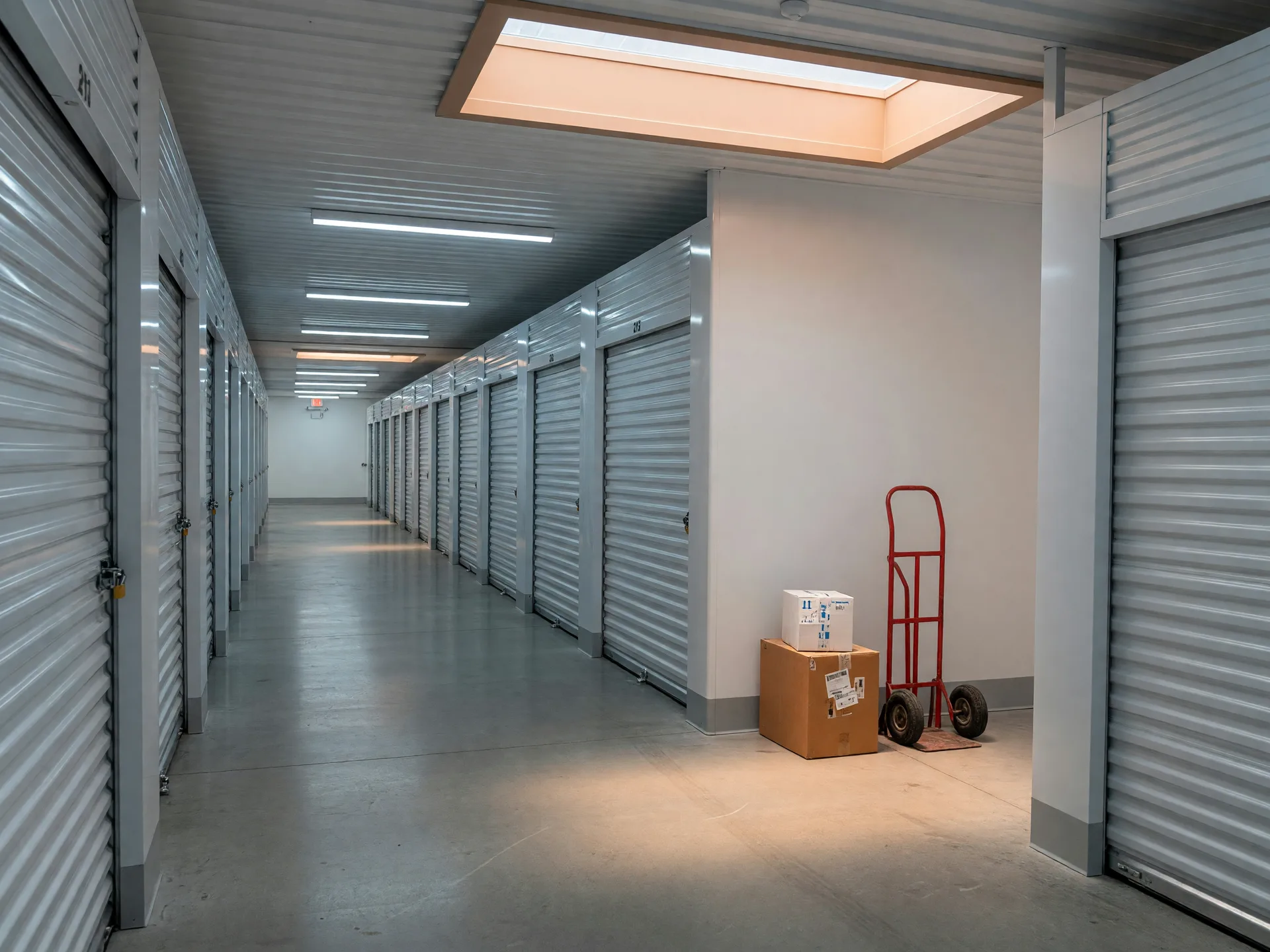 The interior corridor of a clean modern self-storage facility in San Diego, with roll-up doors receding in perspective and warm overhead light