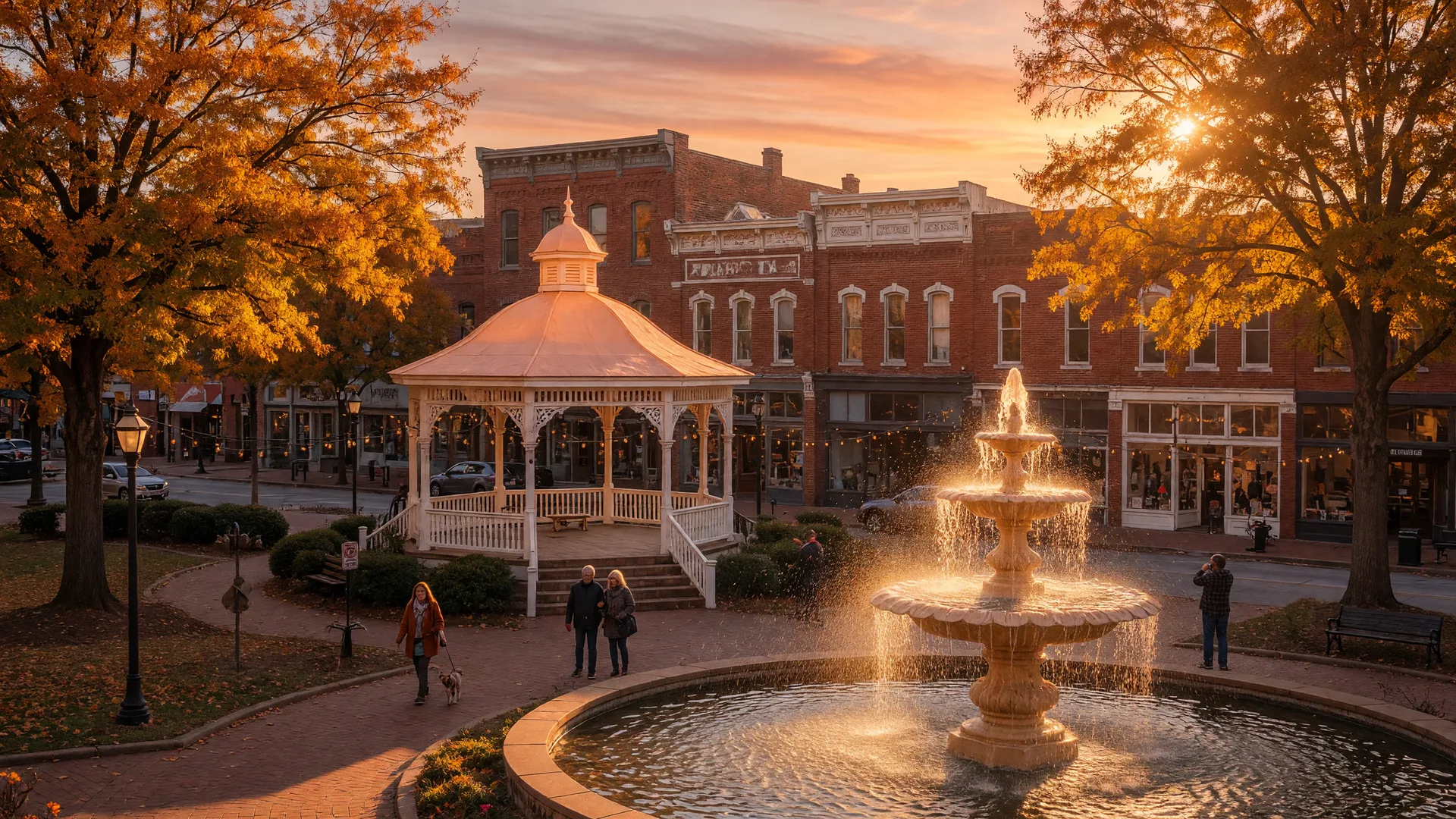Marietta's historic downtown square at golden hour with Glover Park fountain, gazebo, and red-brick storefronts framed by autumn foliage