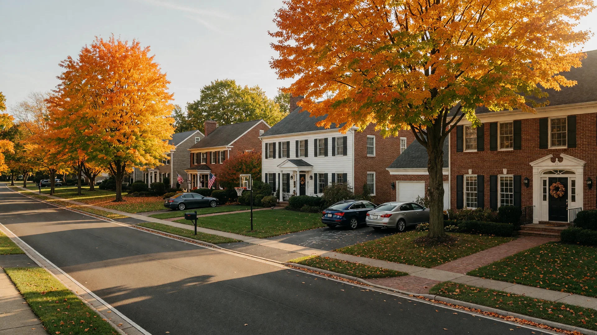An upscale residential street in Solon, Ohio in early autumn with stately colonial and brick homes, manicured lawns, and maples turning orange and gold in warm late-afternoon light