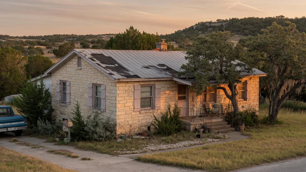 A modest Texas Hill Country home showing signs of deferred maintenance
