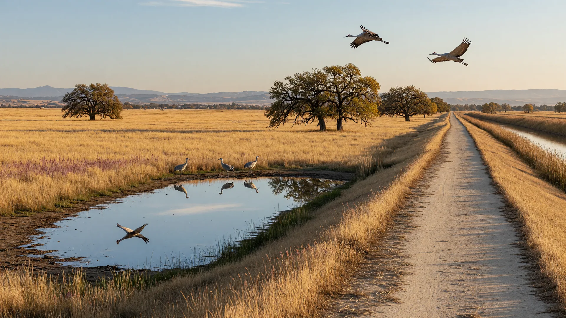 Golden native grasslands of Great Valley Grasslands State Park near Stevinson, California on a clear October afternoon, a packed-dirt levee trail along the San Joaquin River, a shallow vernal pool reflecting the sky, sandhill cranes in the distance, and hazy Coast Range hills on the horizon