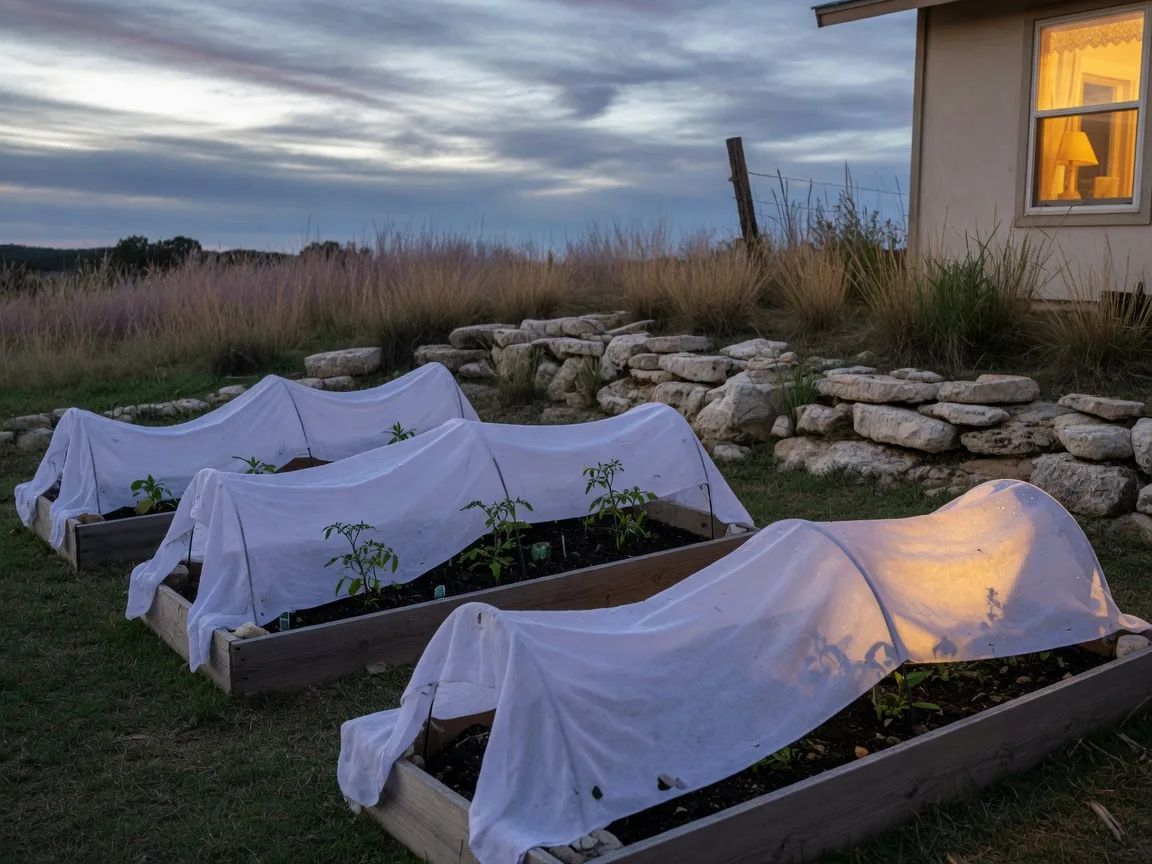 White frost cloth draped over raised garden beds on wire hoops protecting young tomato and pepper transplants from a late freeze in a Texas Hill Country backyard at dusk