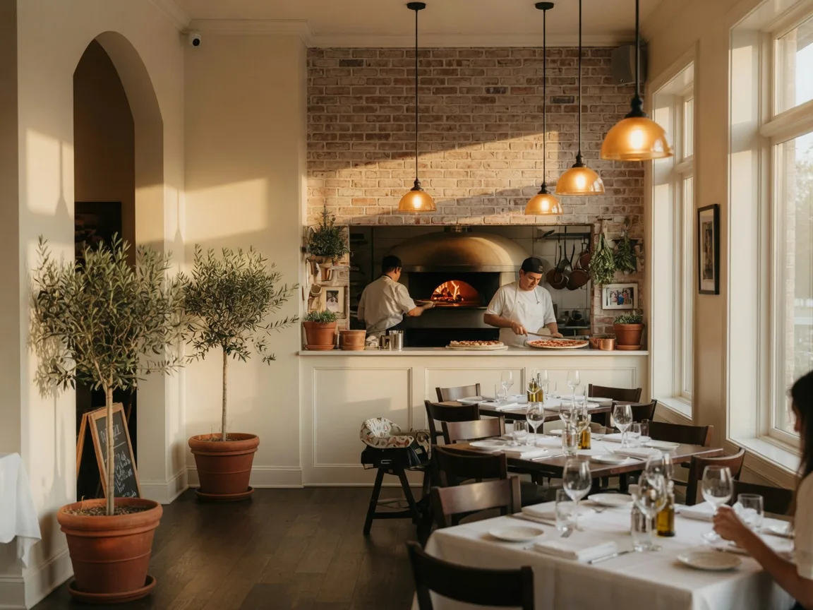 Warm cream and wood dining room inside Al Dente Restaurant and Pizza in Hoschton Georgia with white-linen tables, pendant lighting, and a wood-fired oven glowing in the open kitchen