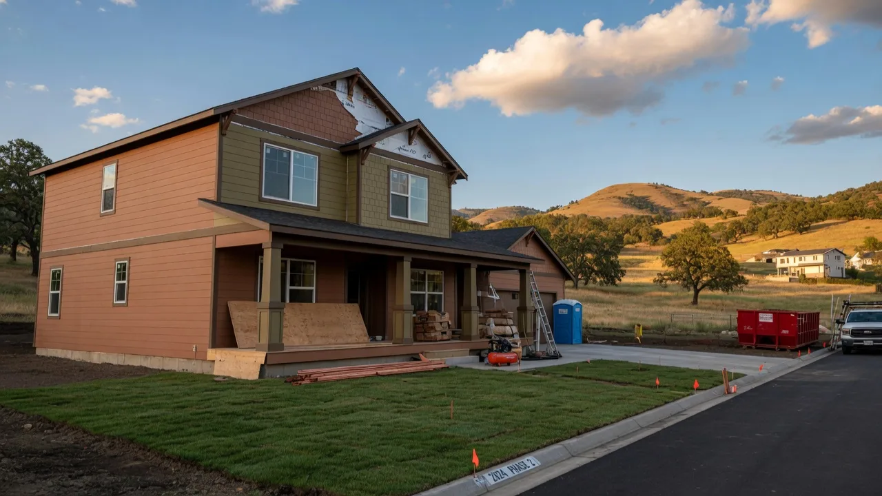 New craftsman-style home under construction in a Medford subdivision with Rogue Valley hills in the background