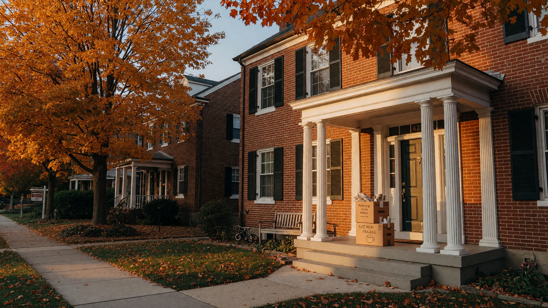 A classic brick colonial home in the DC suburbs at golden hour, two packing boxes on the front porch, the long-loved family home of an aging parent