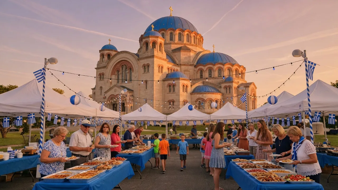 SS Constantine and Helen Greek Orthodox Cathedral during Greek Fest with Byzantine blue domes, white market tents, blue and white decorations, and people gathering in the courtyard at golden hour