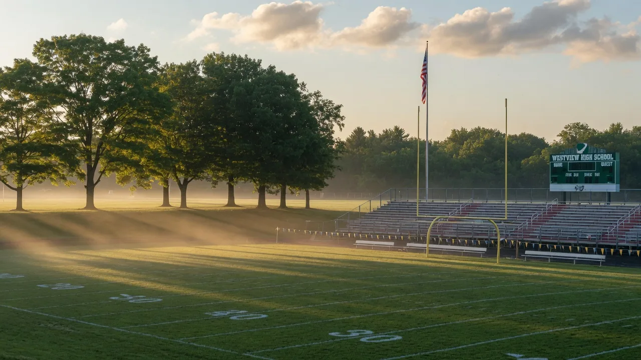 A high school football field in Clinton County, Ohio at golden hour with early morning mist rising off the turf, freshly painted field lines, and silent bleachers waiting for Friday night crowds