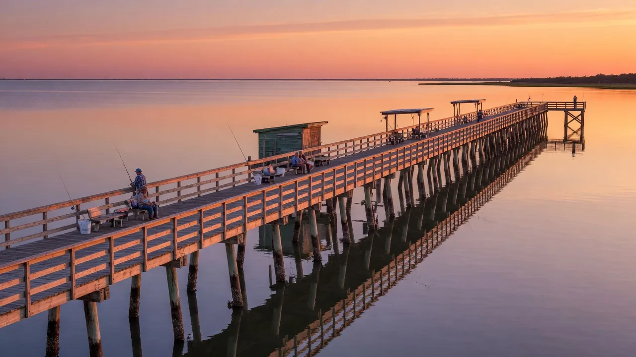 A long fishing pier extending into a calm bay at sunset