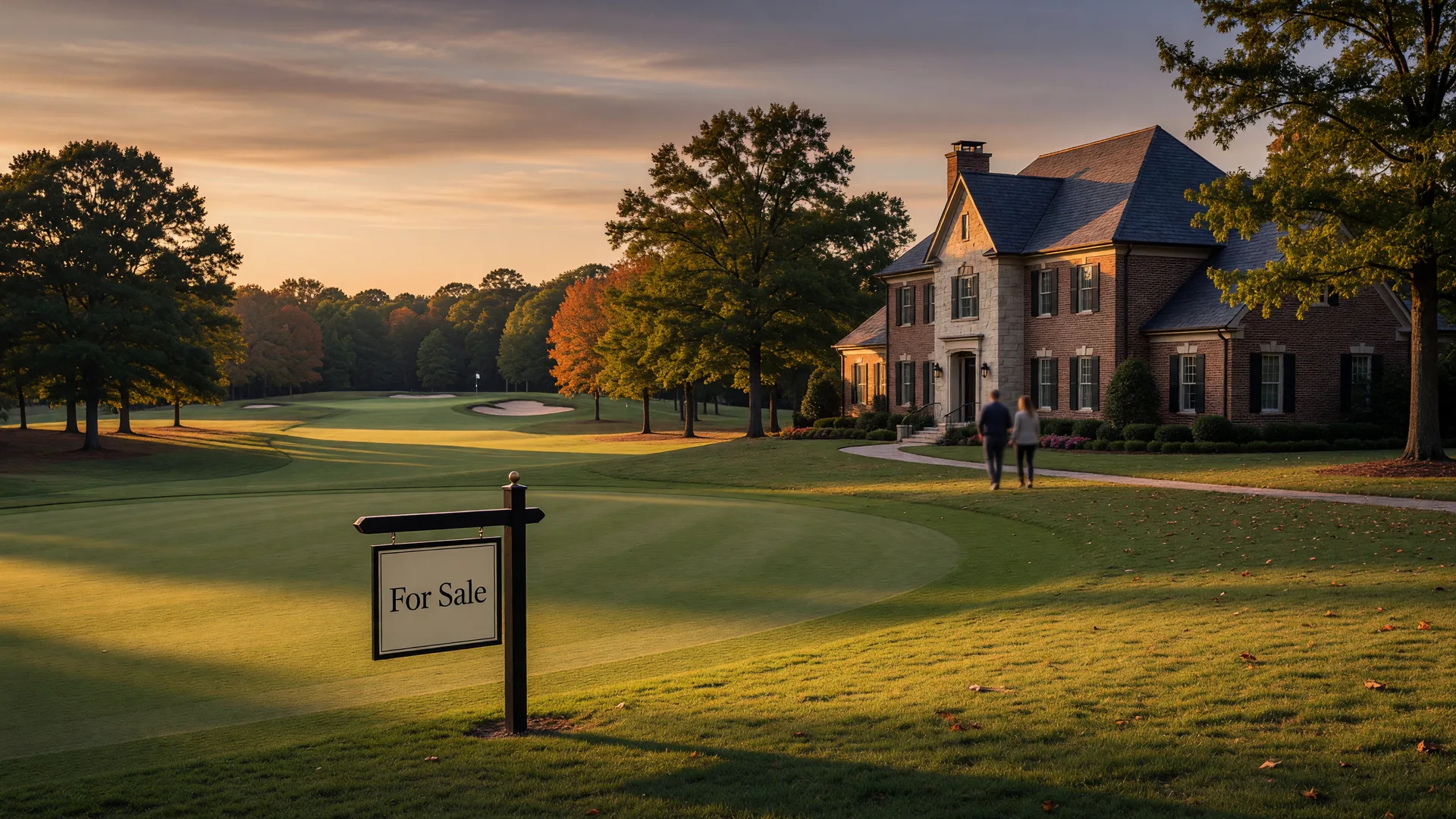 Brick-and-stone home on a manicured golf course fairway in a Northeast Metro Atlanta community at golden hour with a For Sale sign, representing the fall 2026 home buying decision