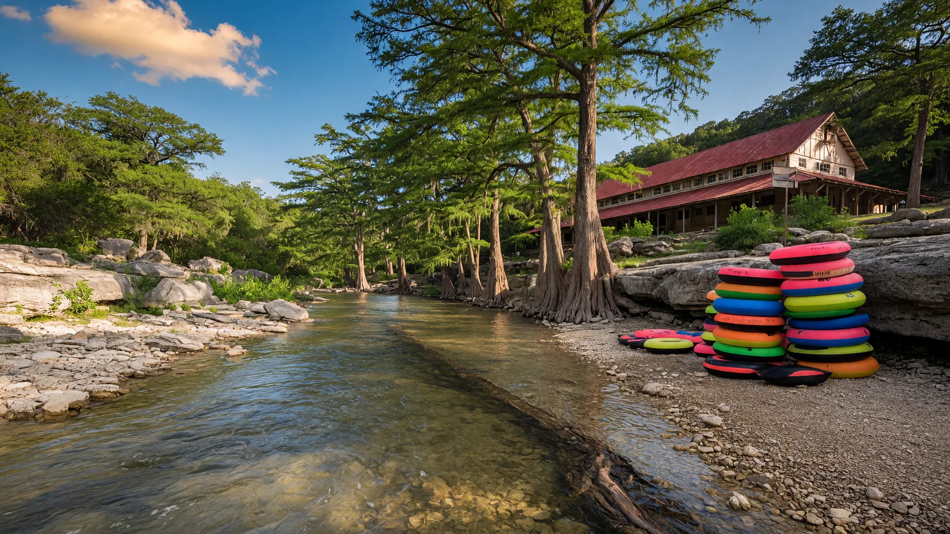 Clear river winding past cypress trees with inner tubes stacked on a limestone bank