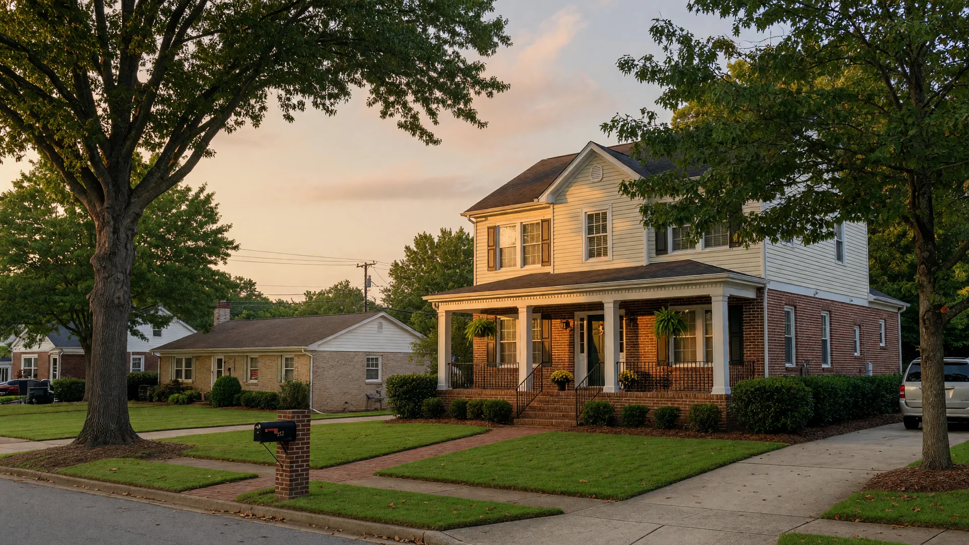 Traditional two-story family home in a Metro Atlanta suburb at golden hour, framed by mature oak trees