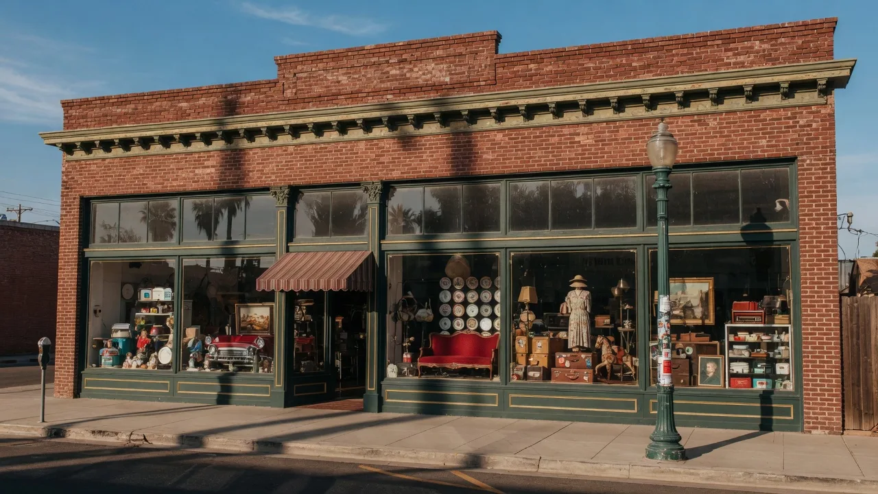 Merced Antique Mall historic brick storefront at 320 West Main Street in downtown Merced, California, with large display windows filled with vintage collectibles and antiques