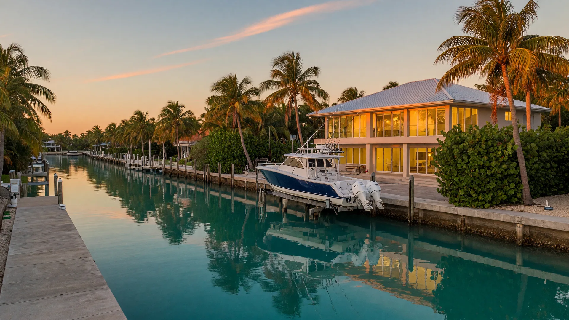 A quiet deep-water canal in the Florida Keys on a clear winter afternoon, an elevated luxury waterfront home with a standing-seam metal roof and warm impact glass glowing in golden-hour light, a private concrete dock with a boat lift holding a sportfishing yacht, palms and sea grape along the bank, glassy turquoise water reflecting the amber sky