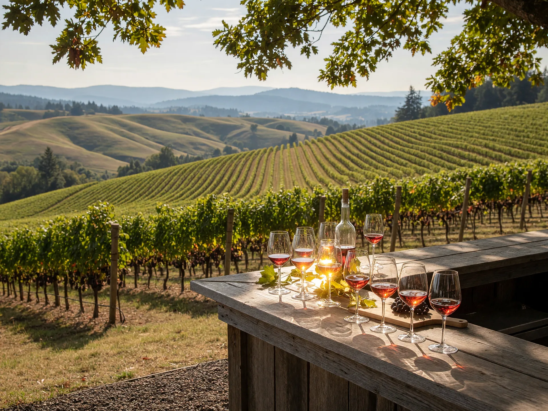 A tasting patio in the Dundee Hills with rows of Pinot Noir vines rolling toward blue hills
