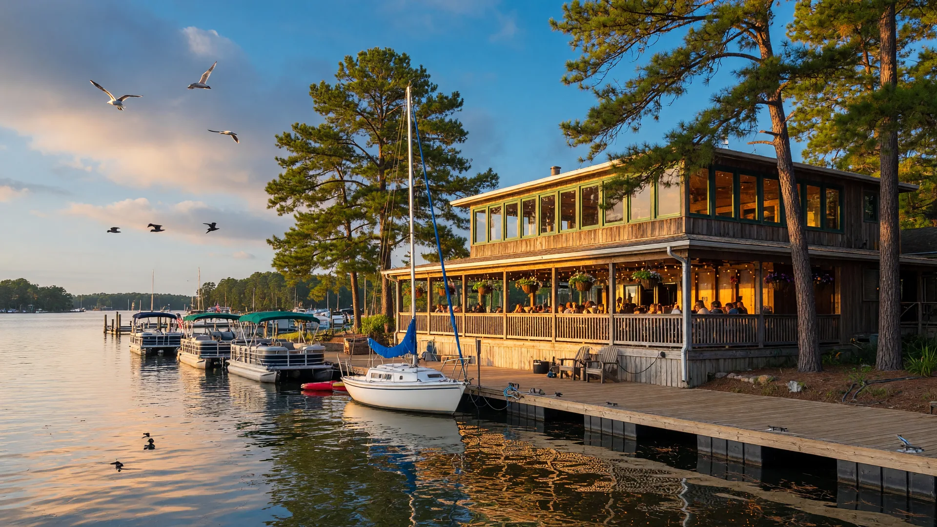 Fish Tales Lakeside Grille at Hideaway Bay Marina on Lake Lanier in Flowery Branch Georgia with boats docked at sunset