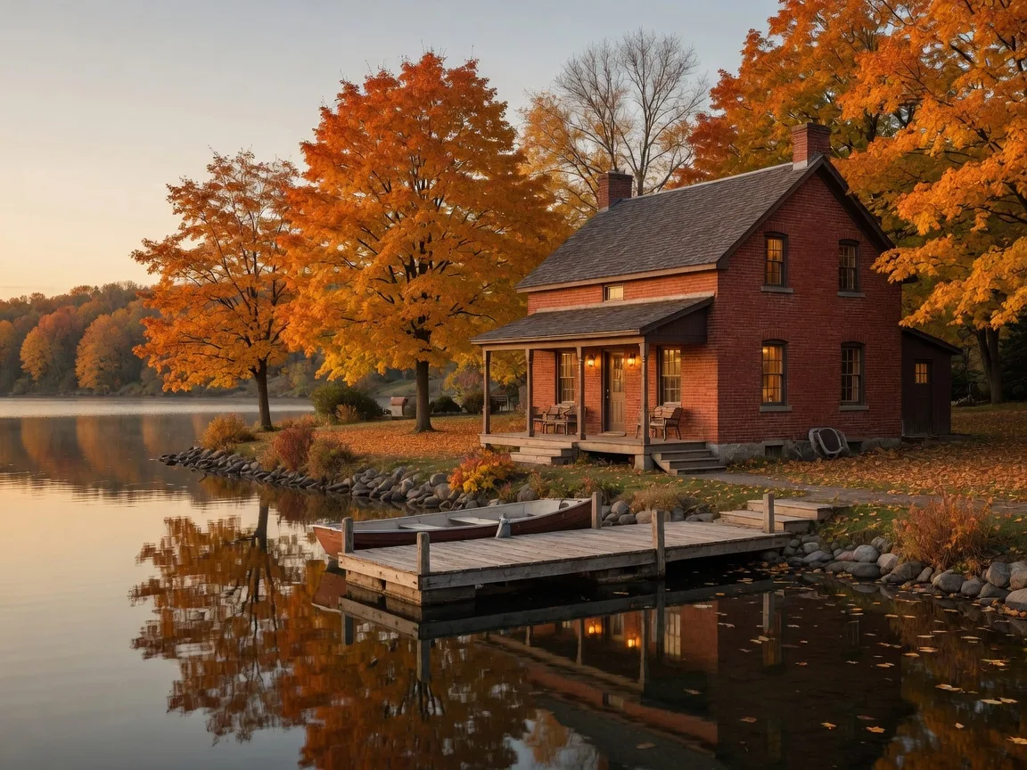 A red brick waterfront cottage on Lake Scugog near Port Perry in late autumn, with a covered porch facing the water, a wooden dock with a moored boat, and sugar maples in orange and gold reflected in the calm water