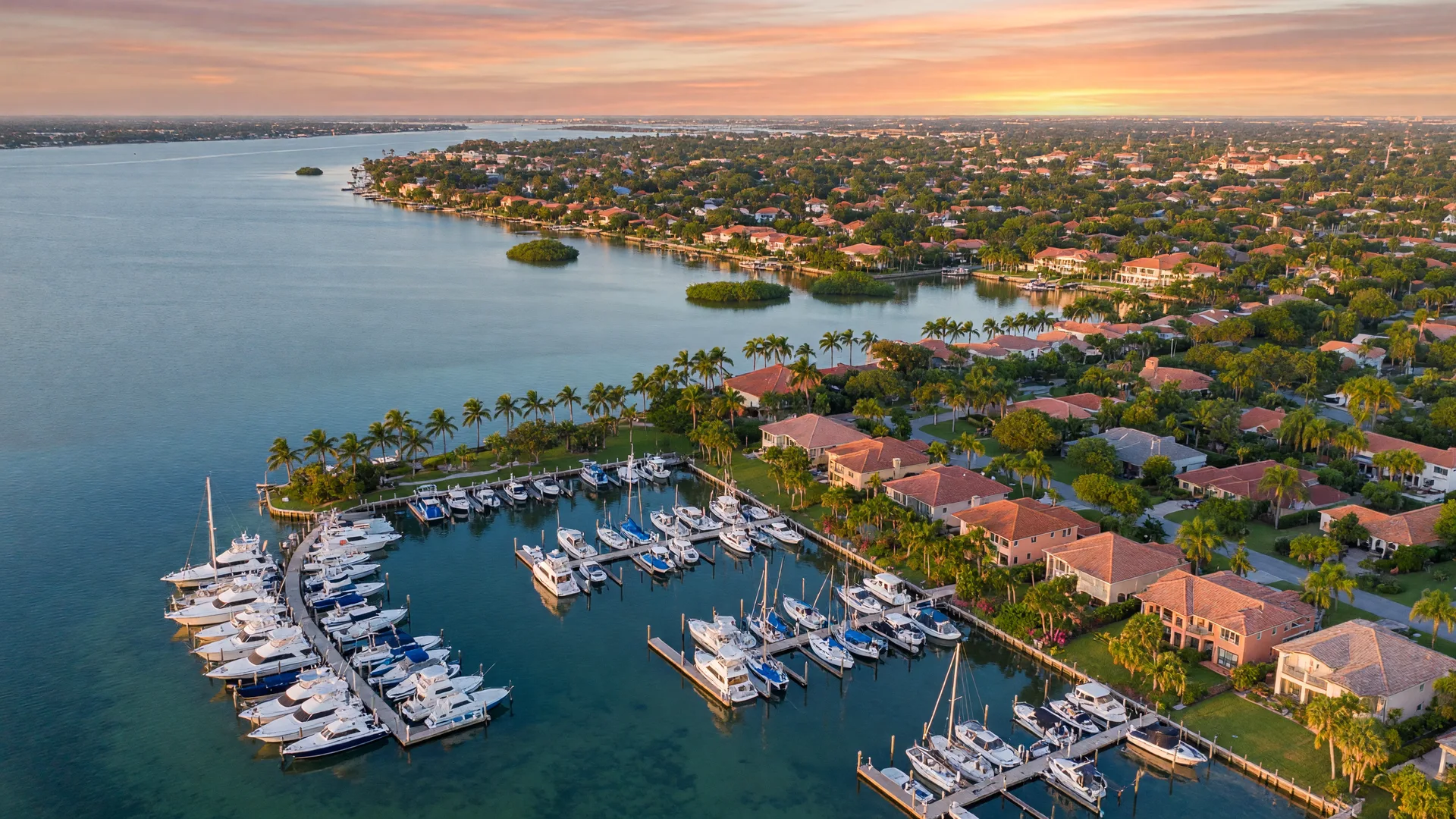 Aerial view of Tampa Bay waterfront at golden hour
