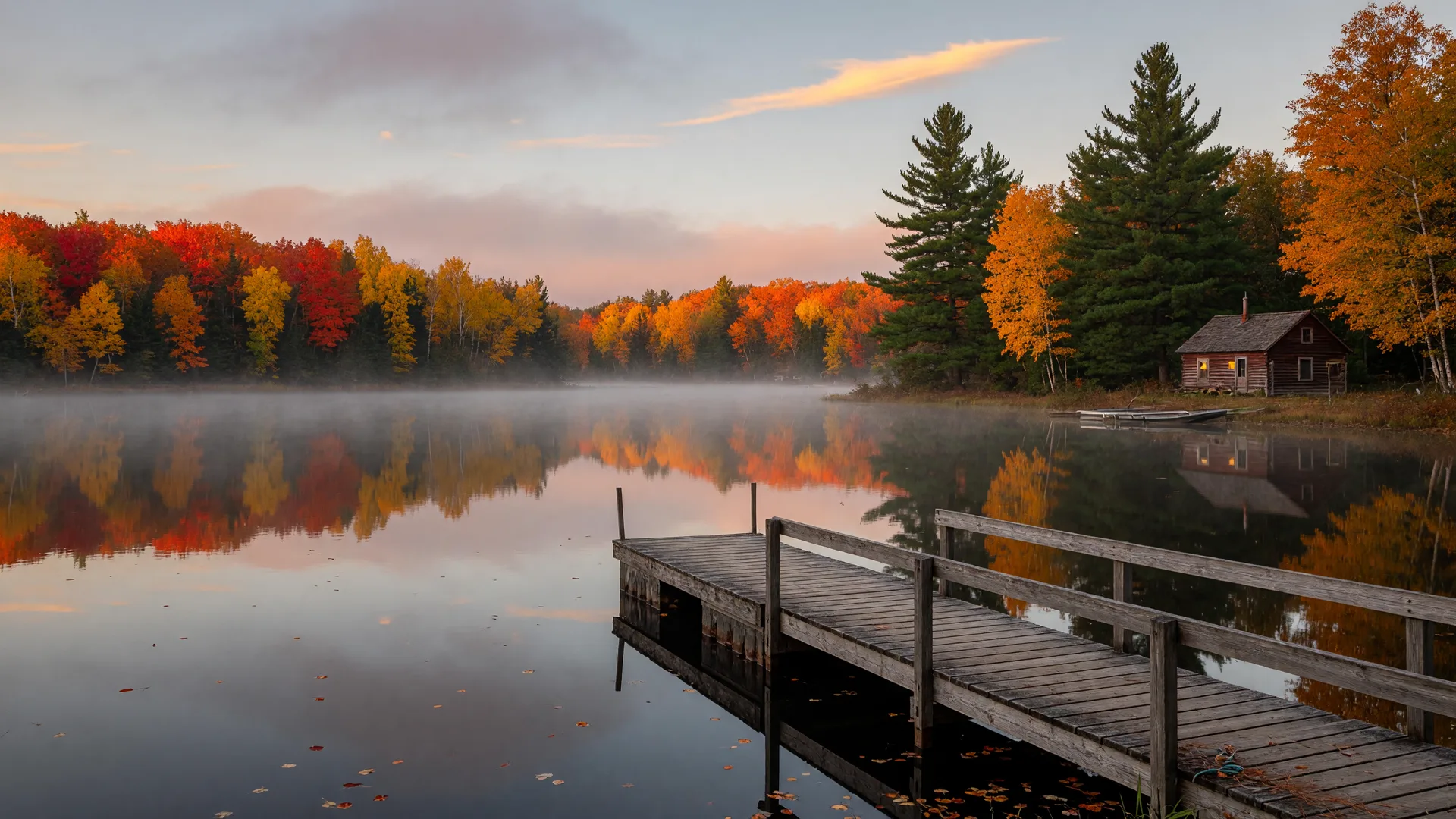 A central Minnesota lake at first light in mid-October with peak fall color along the shoreline, a wooden dock in still water, and mist over the lake