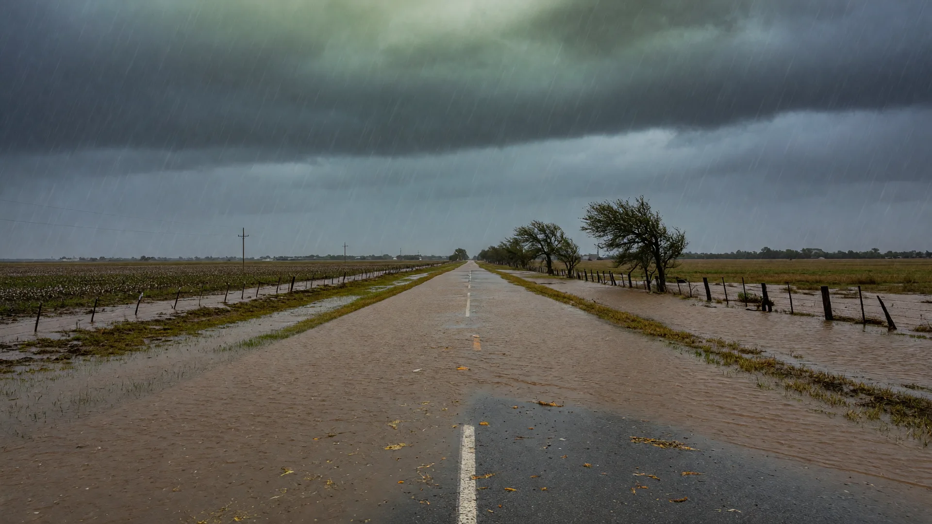 Flooded Texas roadway during severe weather