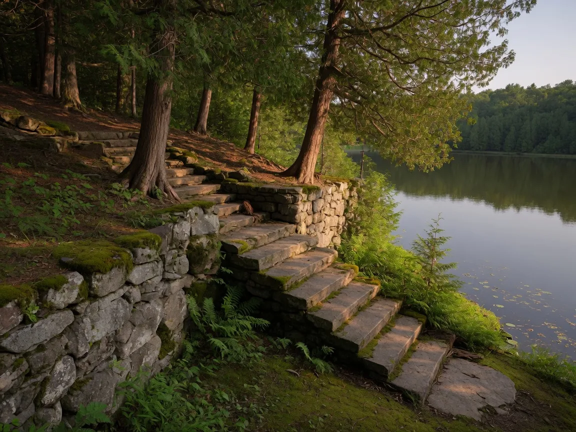 A mossy, crumbling fieldstone ruin and worn stone staircase descending a cedar-wooded slope toward a calm lake at the old Eagle Nook Lodge site