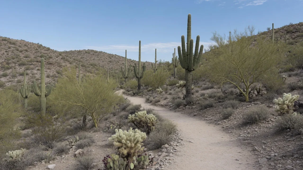 Desert hiking trail with saguaro cacti at White Tank Mountain Regional Park near Surprise