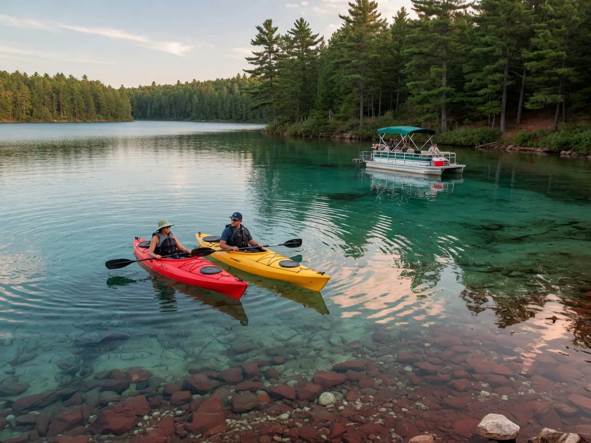 Kayaks floating on clear turquoise water at a mine lake in Cuyuna, Minnesota