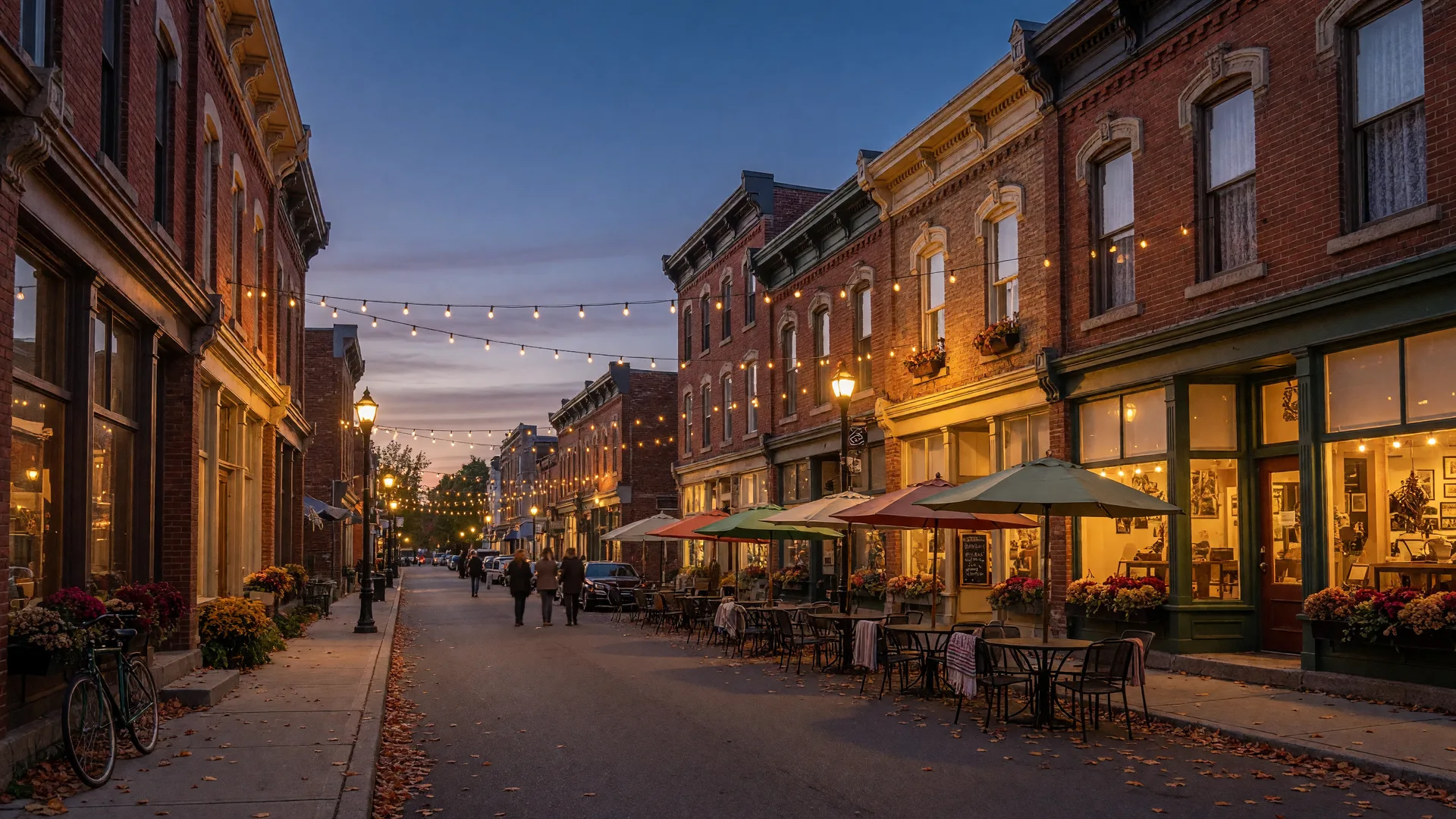 Queen Street in downtown Port Perry at dusk, with heritage brick storefronts and warm restaurant light spilling onto the sidewalk under a deep blue September sky