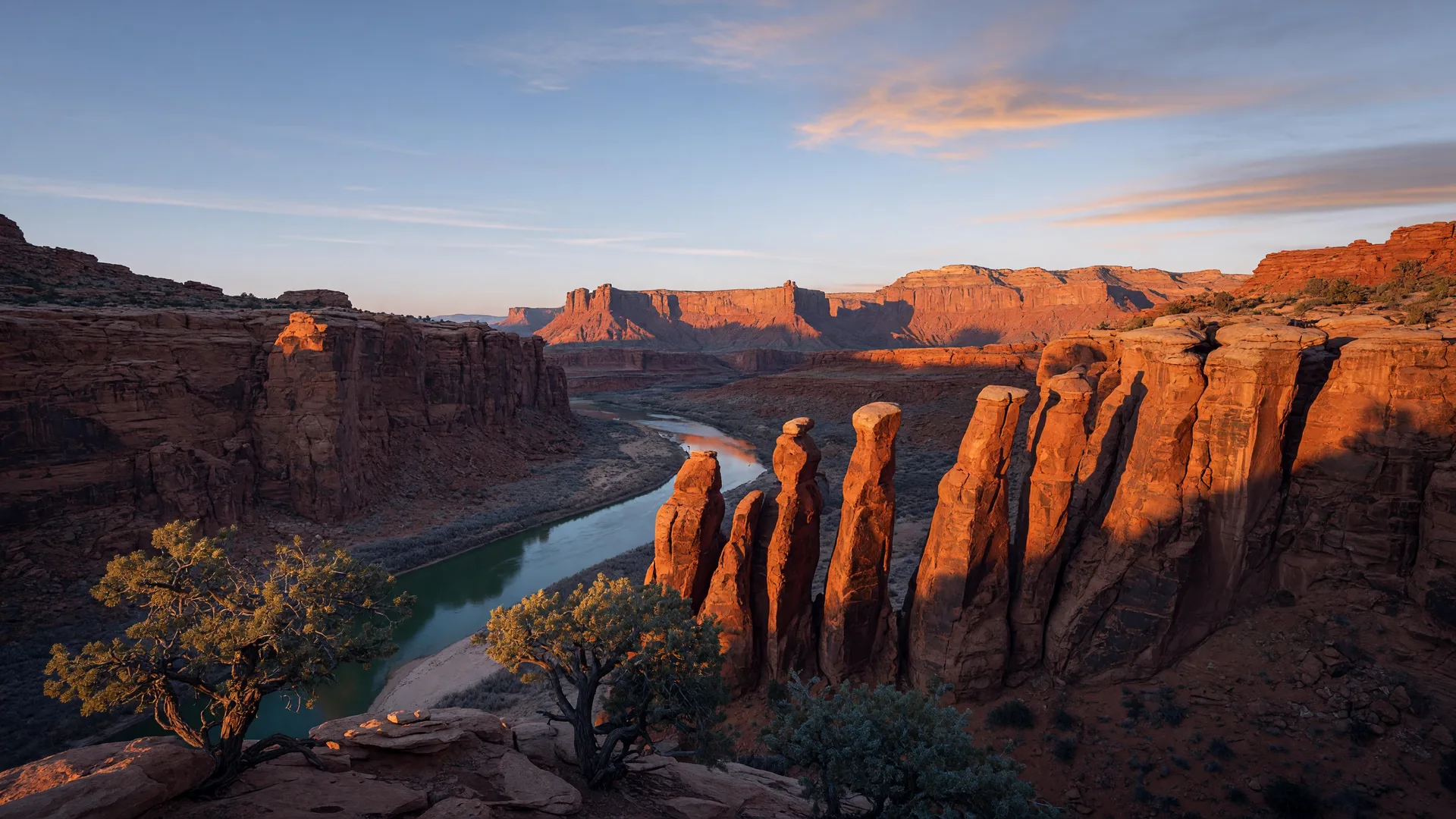 Southern Utah red rock mesas and hoodoos glowing at sunrise, with a desert river threading through the canyon below.