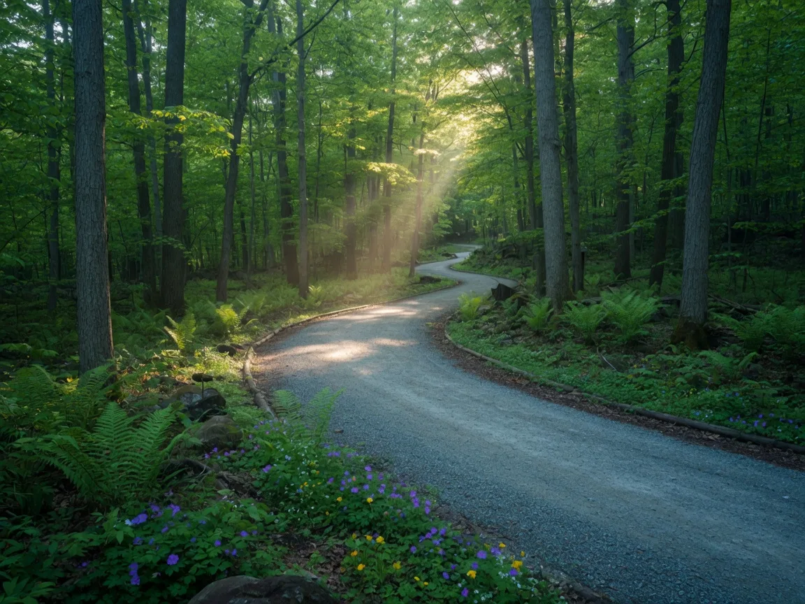A wooded hiking trail through a lush Pennsylvania forest