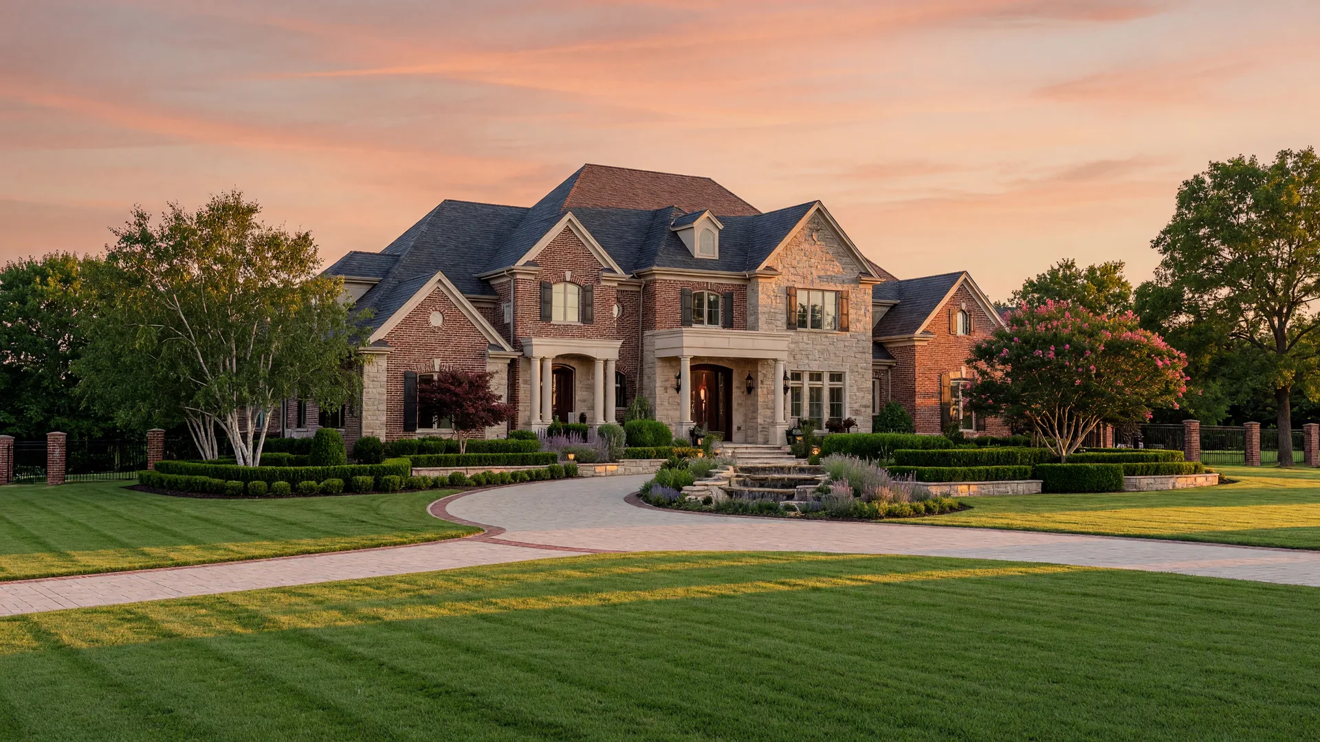 Stunning luxury estate home in Overland Park Kansas with premium curb appeal and manicured landscaping under warm golden-hour light
