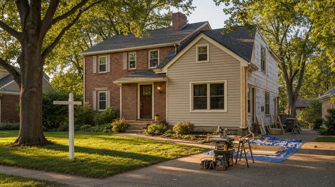 A mid-century colonial home in a Dayton Ohio neighborhood undergoing visible renovation with fresh siding, new front door, and contractor tools in the driveway