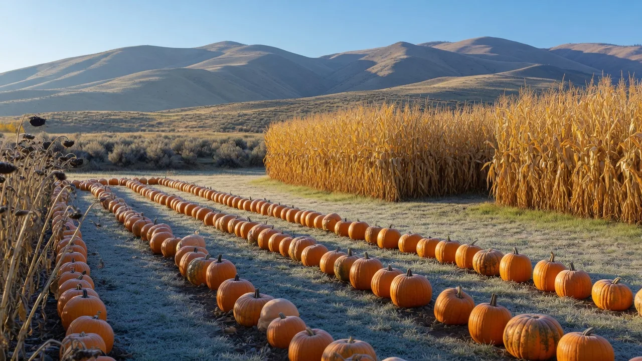 Pumpkins in a field with corn stalks and foothills under a clear October sky