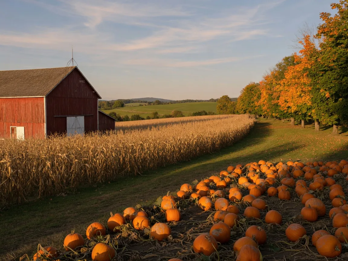A red barn beside a pumpkin patch and drying corn field in rural Lehigh County, Pennsylvania